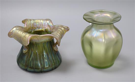 A Loetz-style dimpled vase and another iridescent vase of lily form tallest 12cm